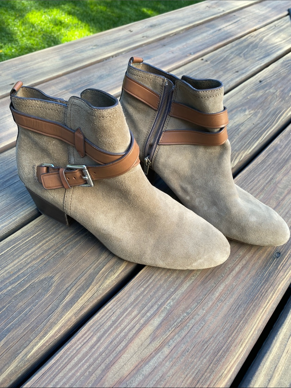 Coach Taupe Suede Ankle Booties with Brown Leather Straps